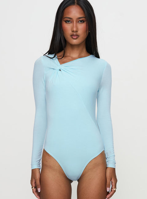 front view of model wearing Princess Polly Glorious Look Twist Detail Bodysuit Blue Long Sleeve Tops Bodysuit 