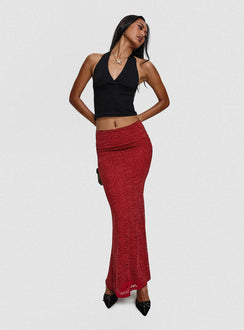   side view of model wearing Princess Polly Silene Maxi Skirt Red Skirts 