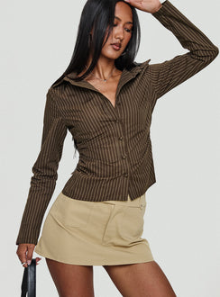   front view of model wearing Princess Polly Caitlan Mini Skirt Beige Mini Skirts Skirts 