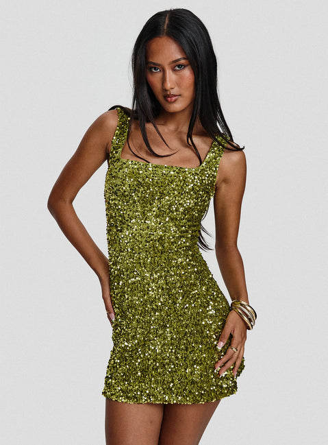 side view of model wearing Princess Polly Miss Me Sequin Mini Dress Chartreuse Square Neck 