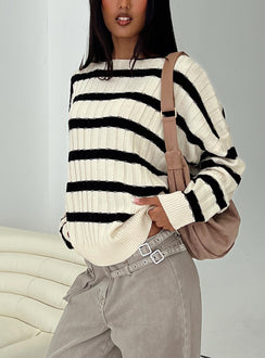 side view of model wearing Princess Polly Elenita Wide Neck Knit Sweater Black / White Longline Jumpers Jumpers 