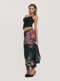 back view of model wearing Princess Polly Paganio Maxi Skirt Black Floral Maxi Skirts Skirts 