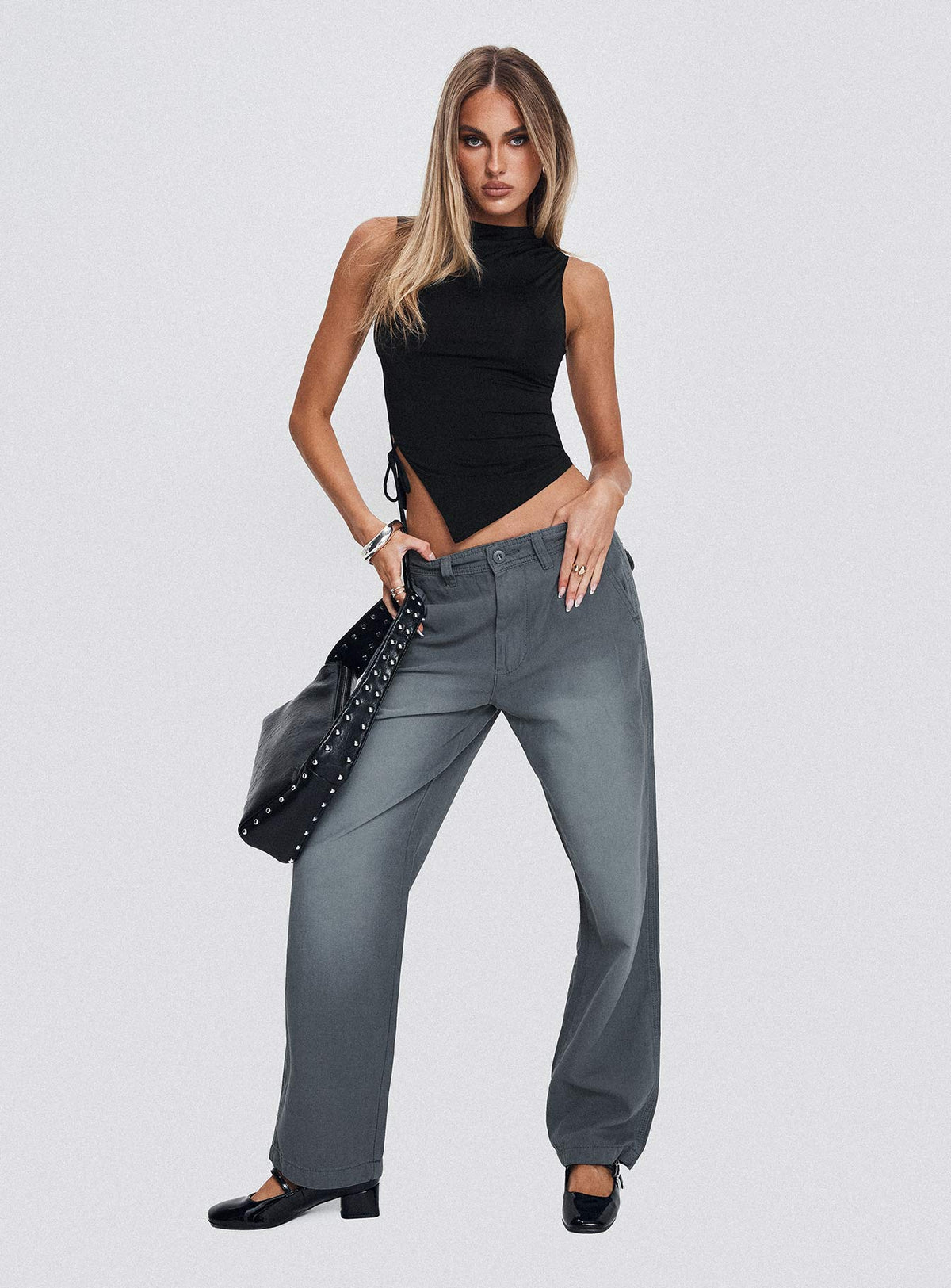 front view of model wearing Princess Polly Workwear Pant Petrol High Rise Pants Pants 