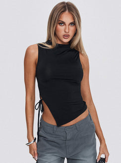 front view of model wearing Princess Polly Solarah Tie Side Top Black Sleeveless High Neck 