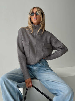 side view of model wearing Princess Polly Too Busy Zip Up Sweater Grey Cropped Jumpers Jumpers 