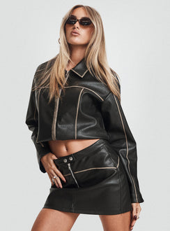   side view of model wearing Princess Polly Autopilot Mini Skirt Black Mini Skirts Skirts 