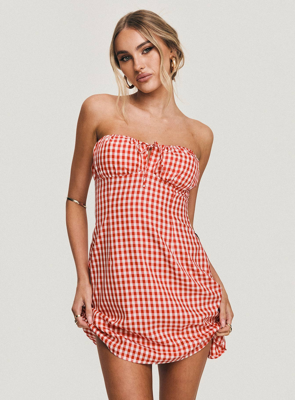 side view of model wearing Princess Polly Double Date Mini Dress Red Gingham Straight Neck 