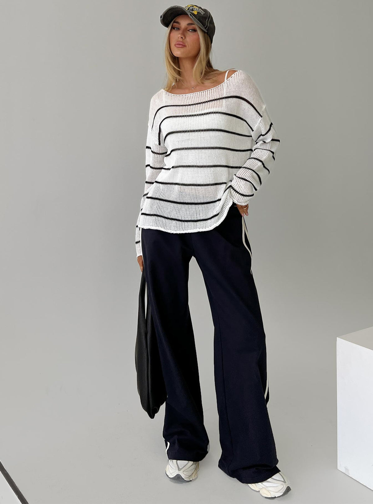 front view of model wearing Princess Polly Alperton Knit Sweater Cream Stripe Longline Jumpers Jumpers 