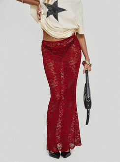   side view of model wearing Princess Polly Lombardio Lace Maxi Skirt Burgundy Maxi Skirts Skirts 