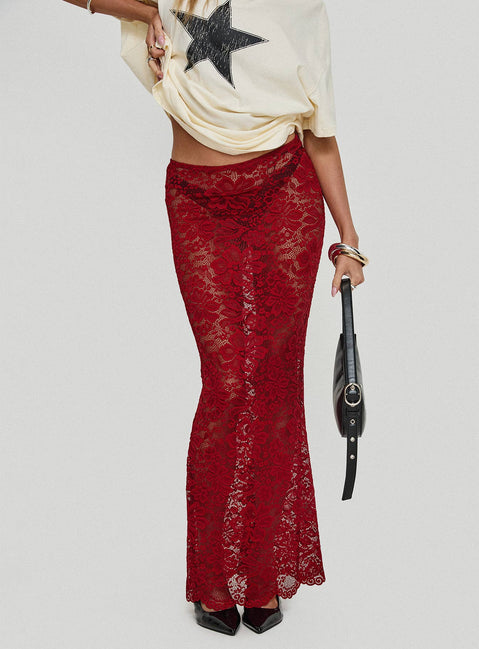   side view of model wearing Princess Polly Lombardio Lace Maxi Skirt Burgundy Maxi Skirts Skirts 