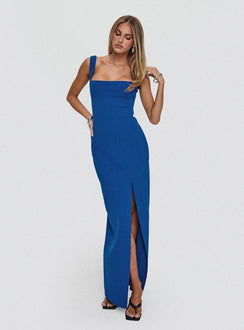 back view of model wearing Princess Polly Bombshell Maxi Dress Cobalt Square Neck 