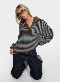 side view of model wearing Princess Polly Rigbys Collared Jumper Brown / Blue Stripe Longline Jumpers Jumpers 