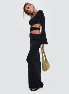 side view of model wearing Princess Polly Kazimier Long Sleeve Maxi Dress Black Asymmetric Neckline 