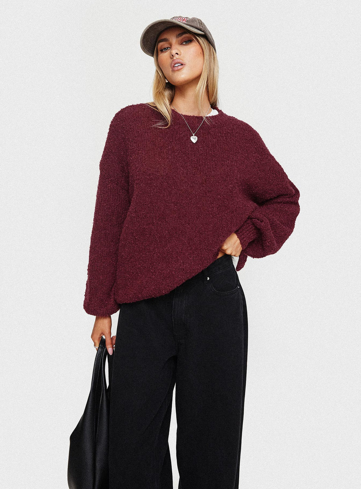 back view of model wearing Princess Polly Niomie Knit Sweater Burgundy Longline Jumpers Jumpers 