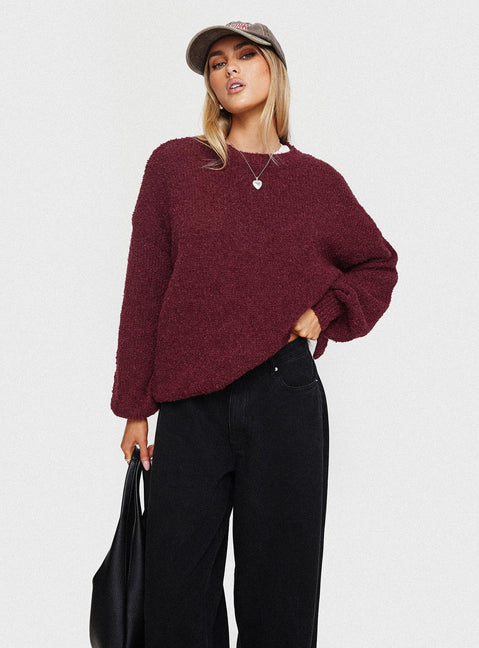 back view of model wearing Princess Polly Niomie Knit Sweater Burgundy Longline Jumpers Jumpers 