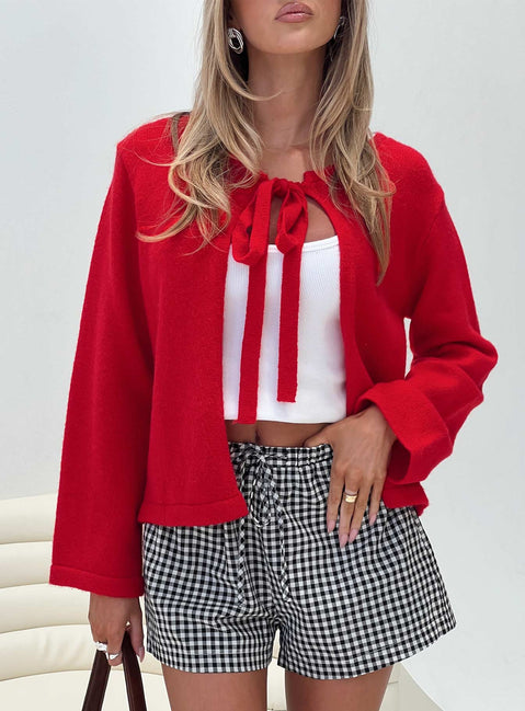 front view of model wearing Princess Polly Norine Tie Up Knit Sweater Red Cropped Jumpers Jumpers 