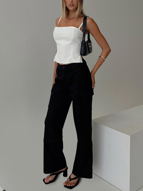 front view of model wearing Princess Polly Raider Low Waist Cargo Pant Black High Rise Pants Pants 
