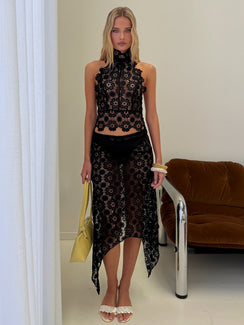 Discover the Trophy Sheer Midi Skirt Black womens-skirts featuring fitted lace and asymmetry Princess Polly