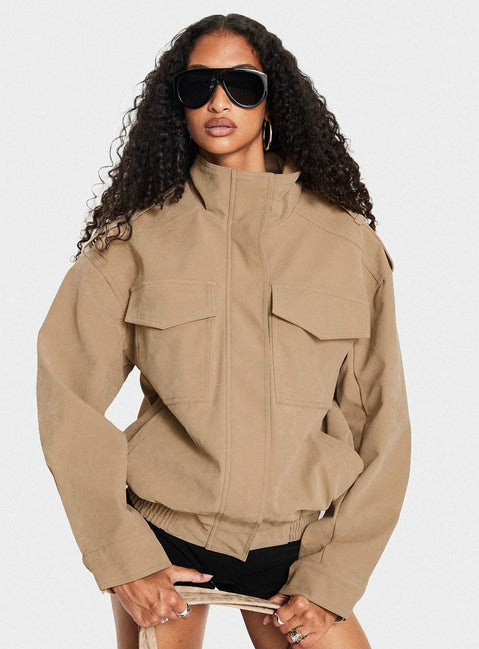 Double Life Funnel Neck Cargo Jacket Beige