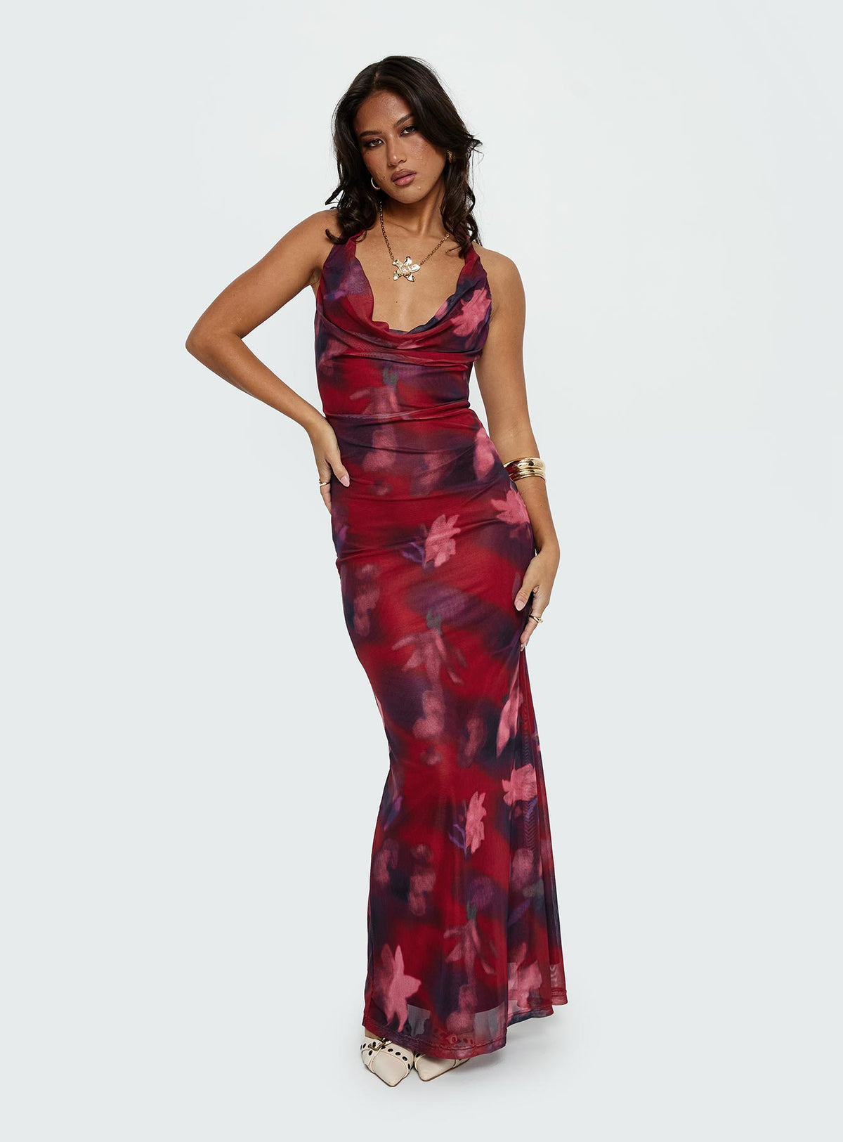front view of model wearing Princess Polly Vixyn Halter Maxi Dress Red Multi Cowl Neck 