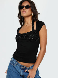 back view of model wearing Princess Polly Emberglow Top Black / Polka Short Sleeves Square Neck 