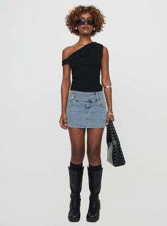   front view of model wearing Princess Polly Brinkman Mini Skirt Light Wash Denim Mini Skirts Skirts 