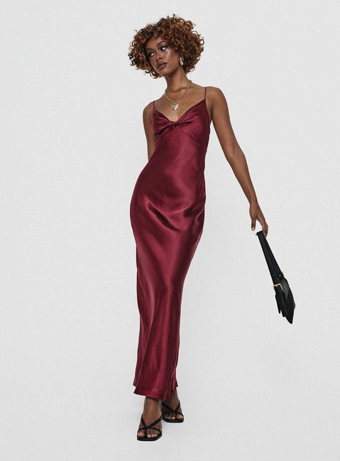 front view of model wearing Princess Polly Marilyn Maxi Dress Wine Plunger 