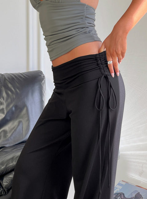 Highlighting the Daily Define Ruched Tie Side Pants Black Petite in womens regular pants with high-rise detail product