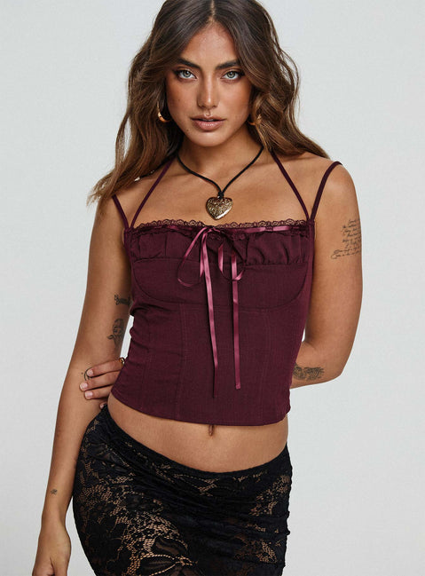front view of model wearing Princess Polly Trynia Top Burgundy Sleeveless Square Neck 
