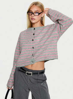 Featuring the Raynna Button Up Cardigan Pink / Grey Stripe womens-jumpers with short length detail view of model wearing Princess Polly