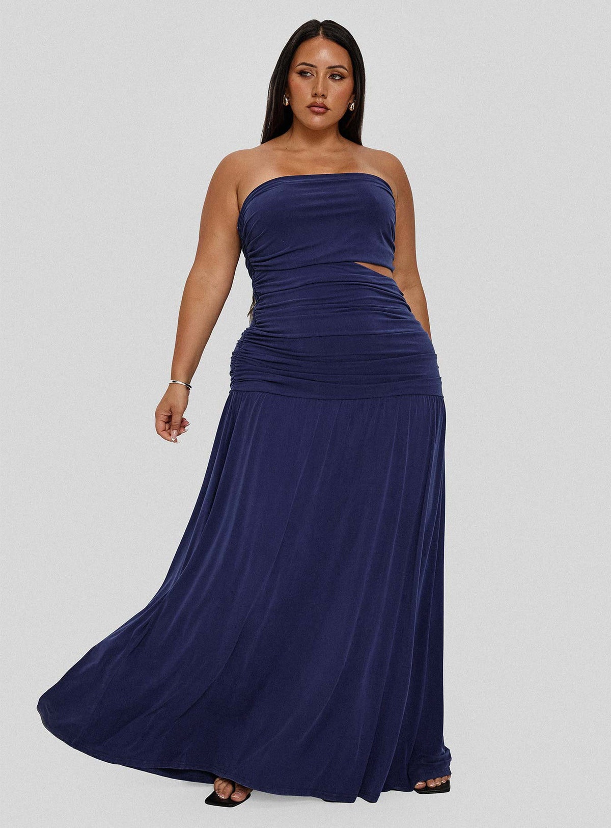 front view of model wearing Princess Polly Grandeur Strapless Maxi Dress Navy Curve Straight Neck 