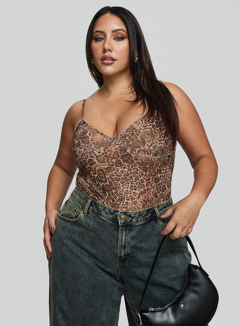 side view of model wearing Princess Polly Elixia Bodysuit Leopard Curve Sleeveless Bodysuit 