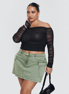 side view of model wearing Princess Polly Hartford Off The Shoulder Top Black Curve Full Sleeves straight 