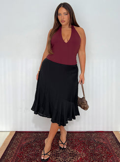 back view of model wearing Princess Polly With Kindness Midi Skirt Black Curve Midi Skirts Skirts 