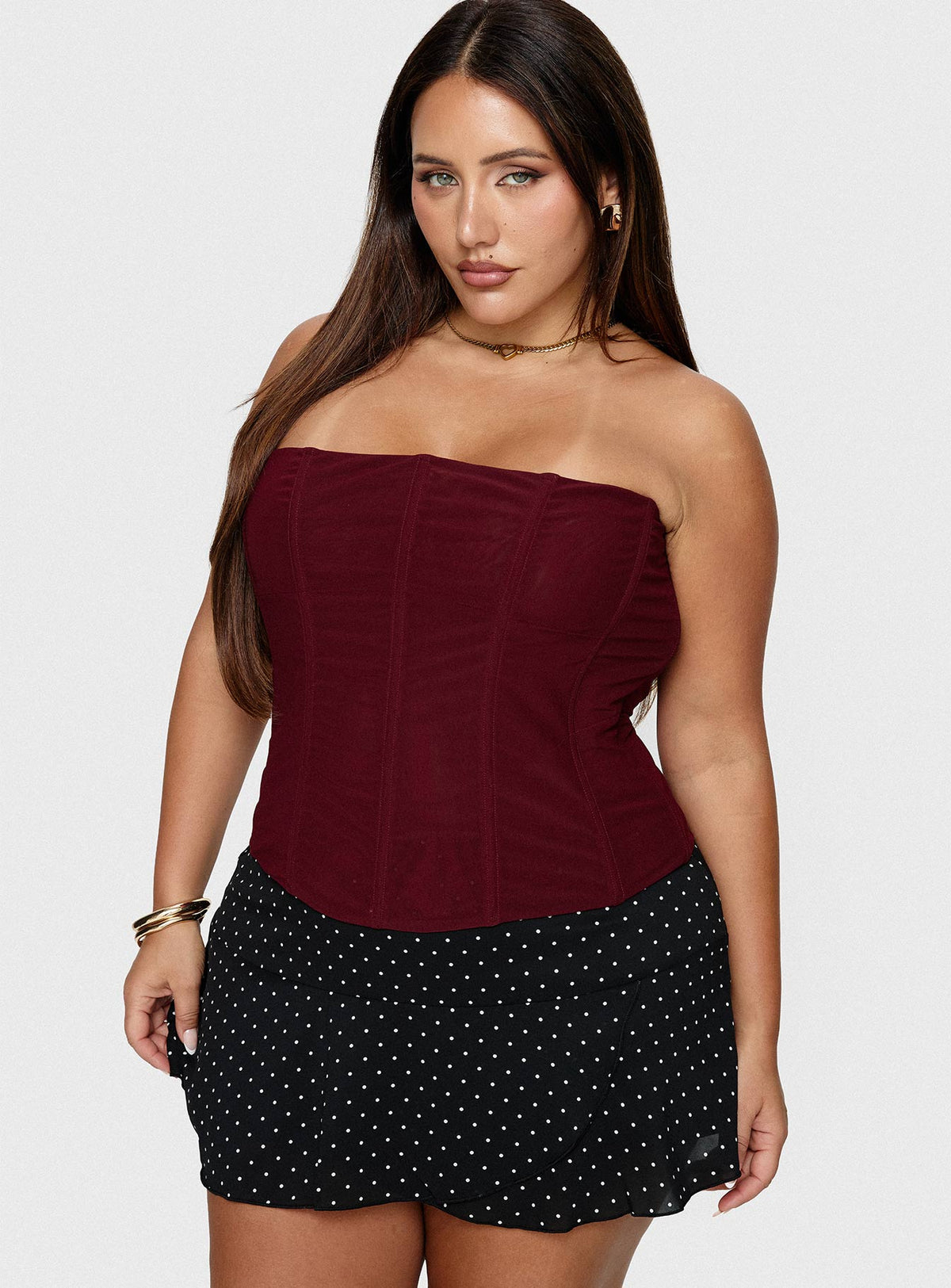   front view of model wearing Princess Polly Sonsie Mini Skirt Black / White Polka Curve Skirts 