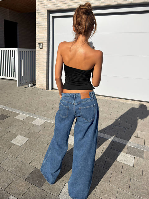 Ramos Low Rise Wide Leg Denim Jeans Mid Blue Wash