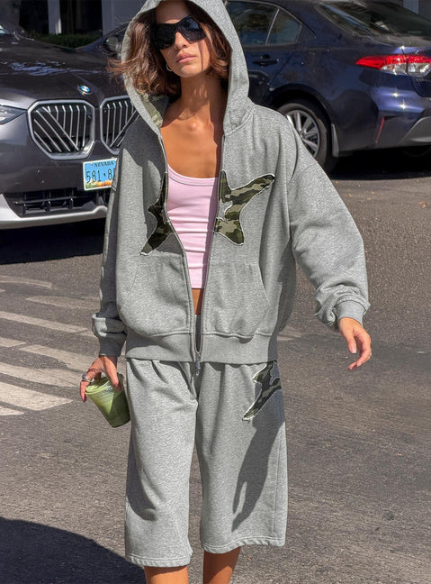 Crafted with the Chelzie Zip Through Graphic Hoodie Grey Marle / Camo in womens jumpers featuring oversized fit, hood details, camo print, and short length detail Princess Polly
