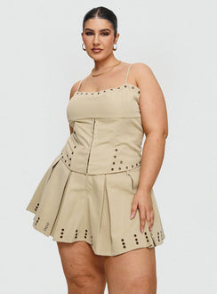 front view of model wearing Princess Polly Alinzia Eyelet Corset Top Beige Curve Sleeveless Square Neck 
