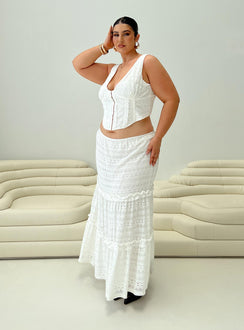   side view of model wearing Princess Polly Buttacupe Lace Maxi Skirt White Curve Maxi Skirts Skirts 