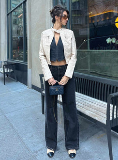 side view of model wearing Princess Polly Top Model Low Rise Straight Leg Jeans Charcoal High Rise Jeans Jeans 