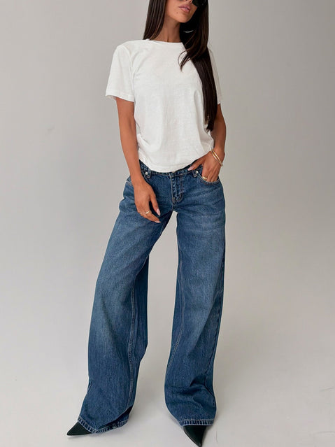 Featuring the Ellanor Low Rise Straight Leg Jeans Vintage Dark Blue in womens-jeans with low-rise waist front view of model wearing Princess Polly