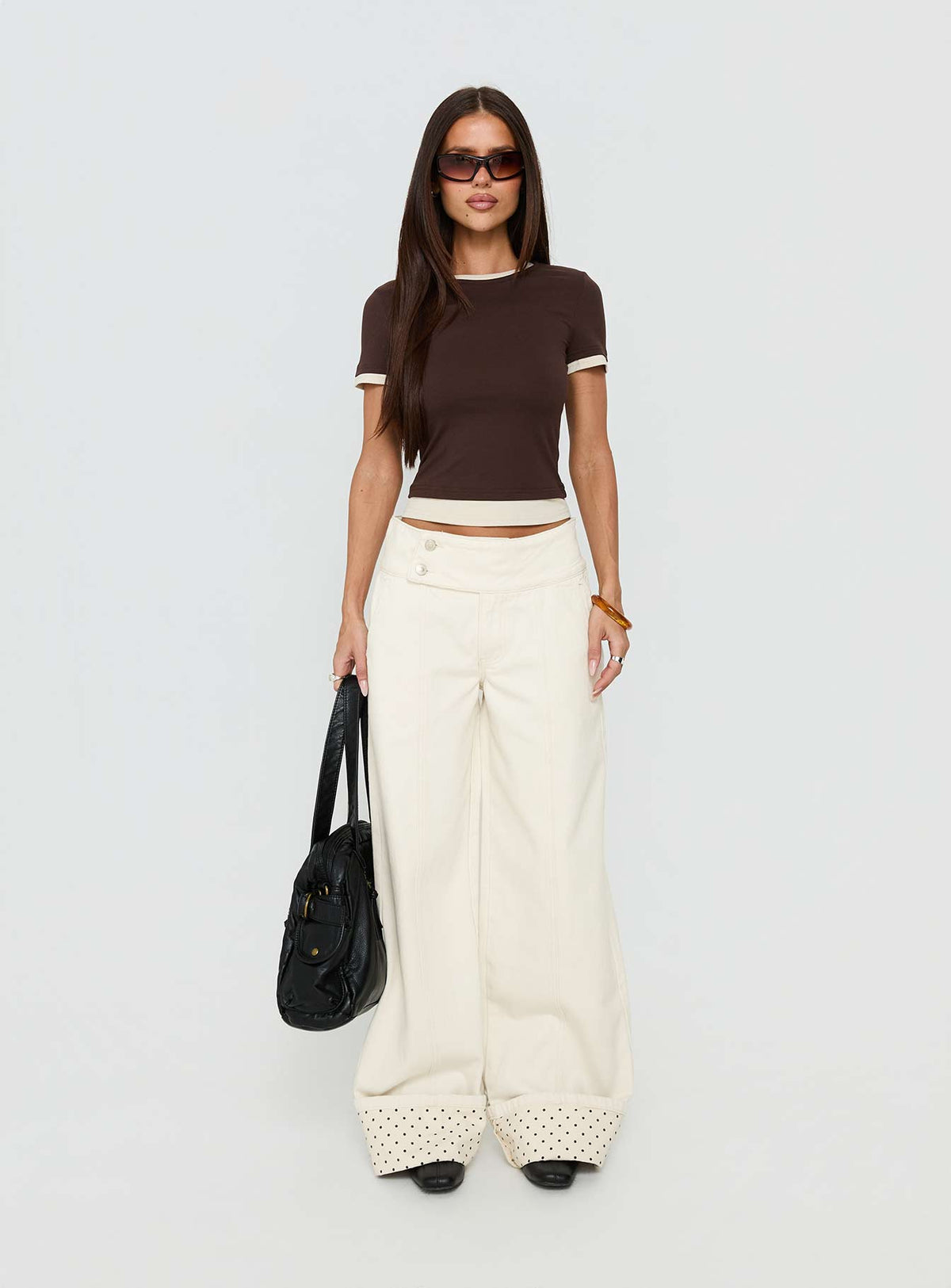 front view of model wearing Princess Polly Nikoletta Foldover Jeans Cream / Polka Mid Rise Jeans Jeans 