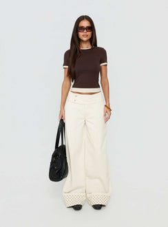 front view of model wearing Princess Polly Nikoletta Foldover Jeans Cream / Polka Mid Rise Jeans Jeans 