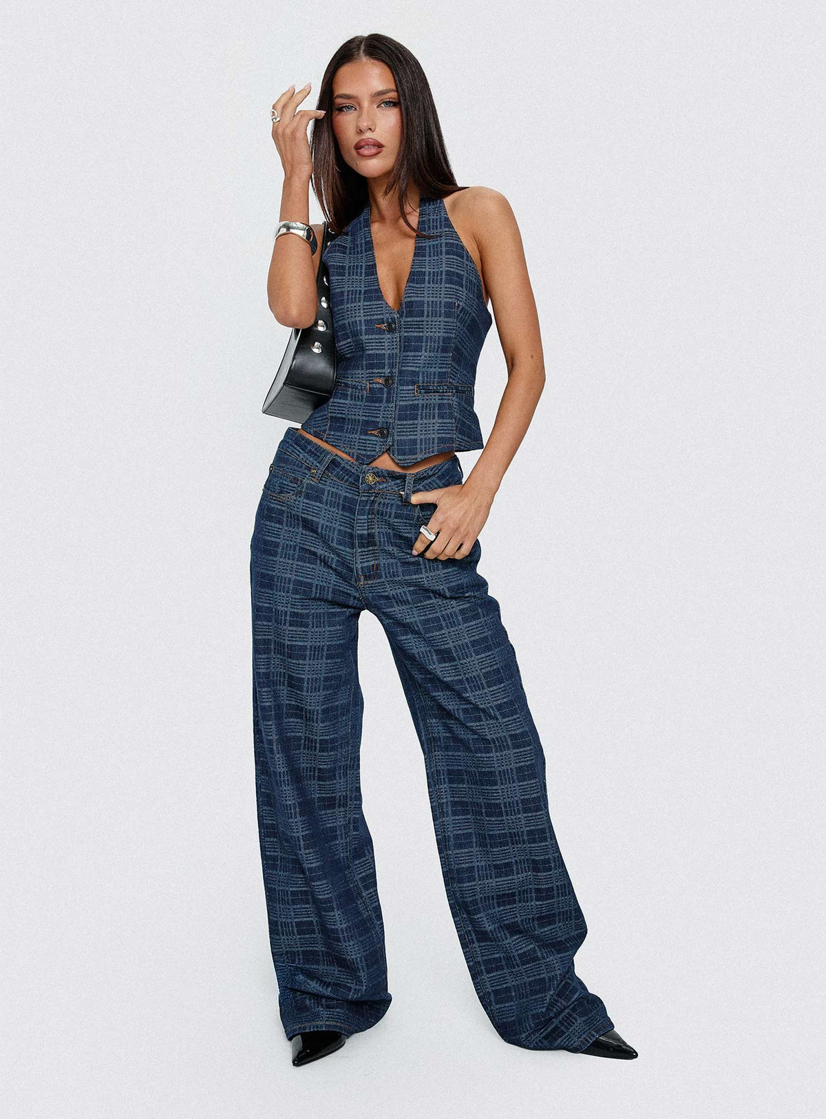 side view of model wearing Princess Polly Top Model Low Rise Straight Leg Jeans Indigo Plaid Mid Rise Jeans Jeans 