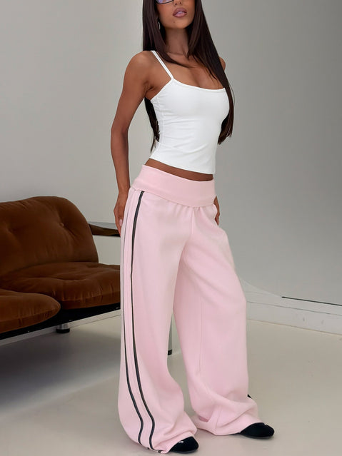 Lockie Foldover Baggy Track Pants Pink / Black womens regular pants with high-rise waist front view of model wearing Princess Polly