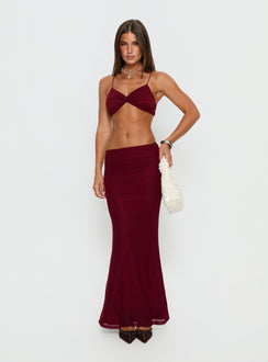   front view of model wearing Princess Polly Delores Ruched Maxi Skirt Red Maxi Skirts Skirts 
