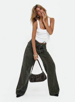front view of model wearing Princess Polly Bruiser Tie Waist Mid Rise Wide Leg Jeans Green High Rise Jeans Jeans 