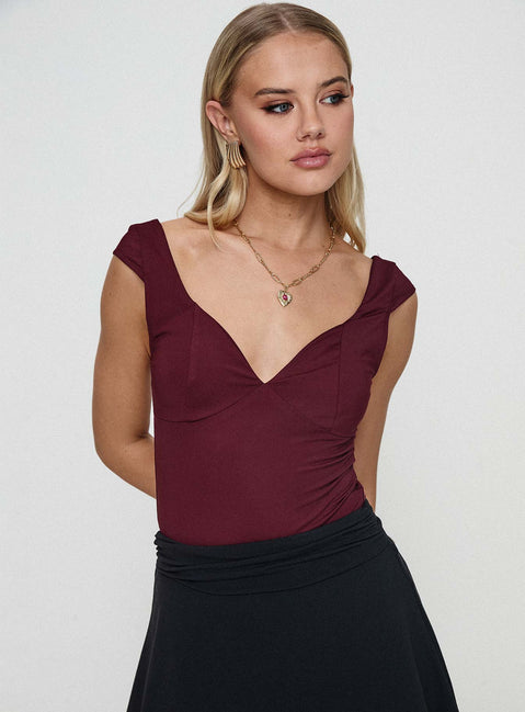 front view of model wearing Princess Polly Zenon Bodysuit Wine Sleeveless Bodysuit 