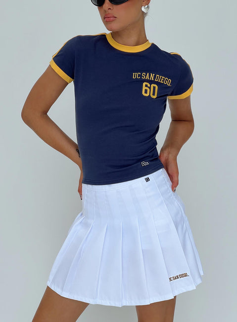 front view of model wearing Princess Polly UCSD Goalie Baby Tee Navy Short Sleeves Crew Neck 