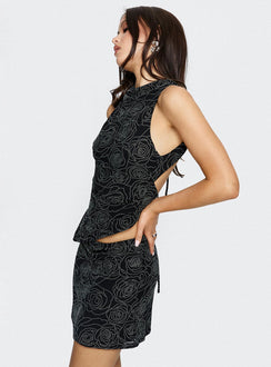   side view of model wearing Princess Polly Forget Me Diamonte Mini Skirt Black Mini Skirts Skirts 